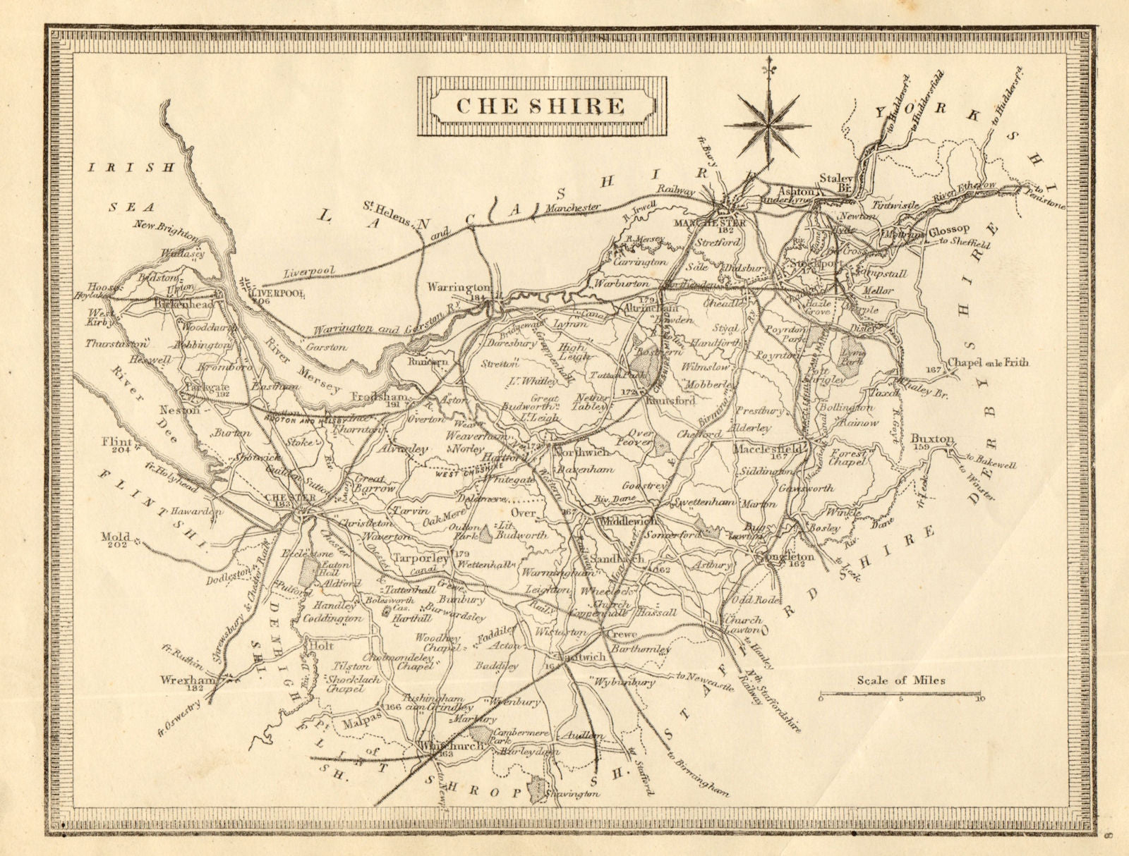 Antique county map of Cheshire by John Heywood. Railways & coach roads c1864